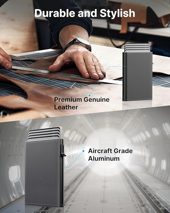 typecase Mens Wallet Card Holder: Pop Up Aluminum Case, Premium Genuine Leather, Smart, RFID Blocking, Slim, Minimalist, Front Pocket - 9-14 Card Capacity | ID Window | Cash Slot - Deep Grey