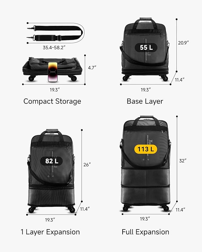 LUGGEX Suitcases with Wheels, Expandable Collapsible Luggage Rolling Travel Duffle Bag without Telescopic Handle, Foldable Large Weekender Bag for Men Women, Black