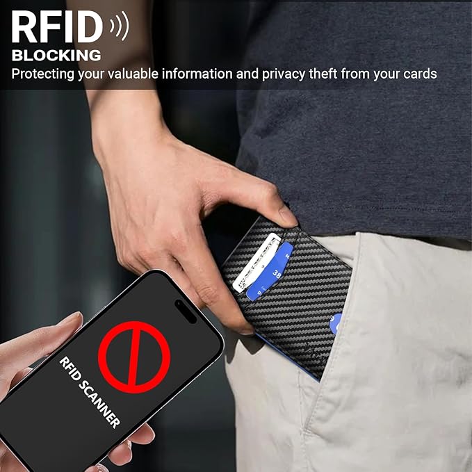 VATAN Wallet for Men, Mens Minimalist Wallet Credit Card Holder, Slim Leather Rfid 2 ID Window Large Capacity With Gift Box (Carbon Black and Blue)