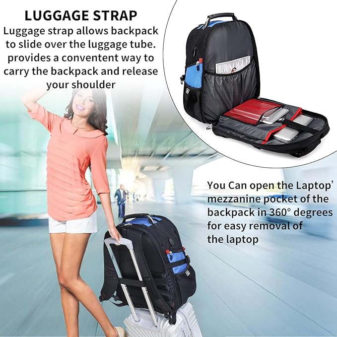 SHRRADOO Extra Large 50L Travel Laptop Backpack with USB Charging Port, College Backpack Airline Approved Business Work Bag Fits 17 Inch Computer for Men Women