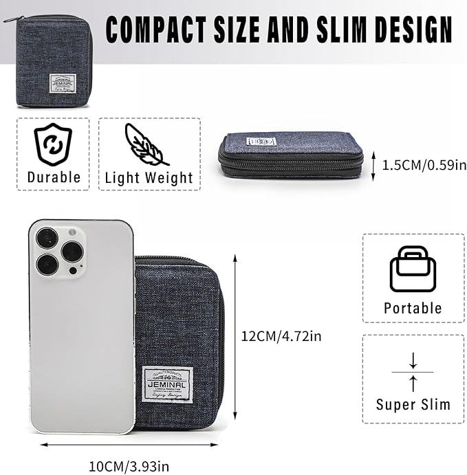 JEMINAL Zip Short Wallet for Men Women Travel Vertical Bifold Fabric Canvas Wallet with Card Case Women' Large Capacity Zip Wallet with Coin Purse Gifts for Men Him (Vertical-Blue)