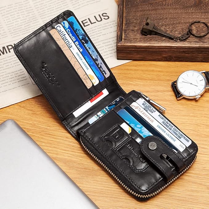 gzcz Mens Wallet with Zipper RFID Blocking Genuine Leather Bifold Purse with ID Window and Credit Card Holder (Black)