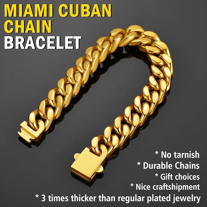 Stainless Steel Bracelets for Men,Cuban Link Mens Bracelet Silver/Black/Gold Plated Classic Chain Wrist Bracelets Jewelry Gifts for Dad Husband 5/7/9/12MM Width,7.5"/8.3"/9" Length with Gift Box