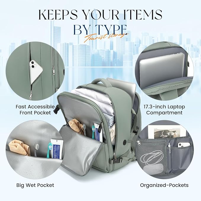 Large Travel Laptop Backpack, Carry on Backpack, 17.3 Inch Durable Business Work Sport Bag with USB Port, Water Resistant Rucksack Book Bag Gifts for Men Women, Green