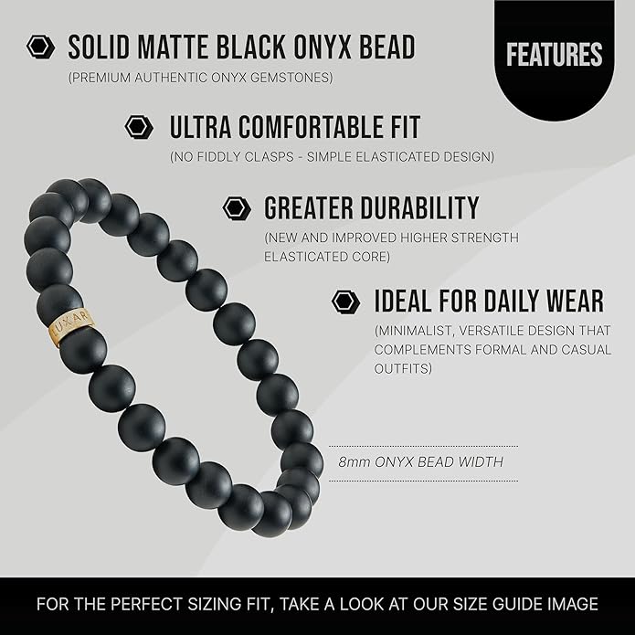 LUXAR Men’s Black Onyx Stone Bead Bracelets | Matte Black 8mm Stone | Minimalist, Designer Jewelry for Men