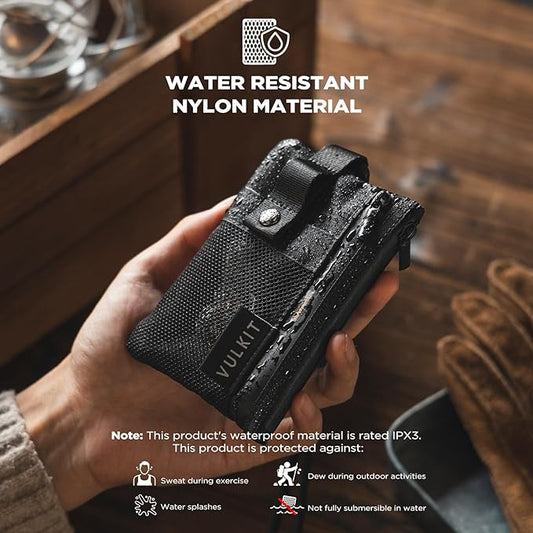 VULKIT Small Minimalist Wallet for Women and Men RFID Blocking, Zipper Coin Pouch with ID Window and Keychain, Water Resistant Travel Lanyard Wallet Black