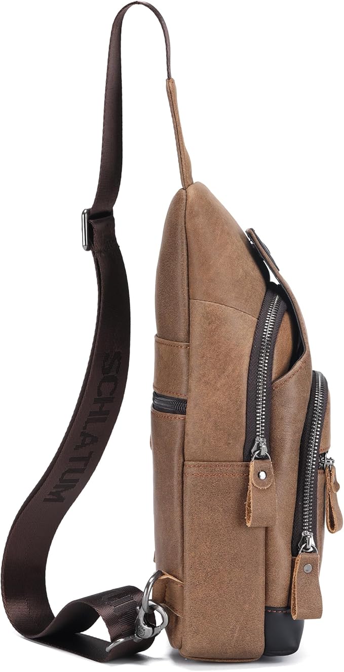 LUKZIJAES Genuine Leather Sling Bag for Men and Women Crossbody Shoulder Chest Pack Hiking Carry on Casual Daypack Outdoor Travel Backpack (#1-Brown)
