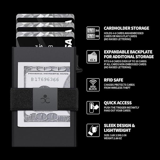 Slim Aluminum Card Holder Wallet for Men, Durable Expandable Backplate, RFID Blocking Minimalist Metal Pop Up Wallet, Holds 12+ Cards Plus Cash