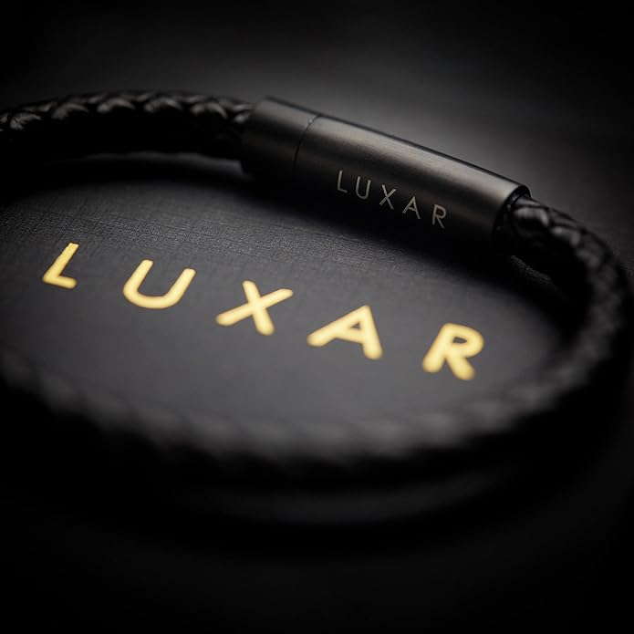 LUXAR Men’s Genuine Leather Bracelet | Interwoven Black Leather Bracelets with Brush Stainless Steel Clasp | Minimalist, Designer Jewelry for Men