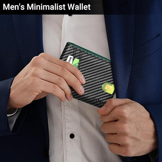 VATAN Wallet for Men, Mens Minimalist Wallet Credit Card Holder, Slim Leather Rfid 2 ID Window Large Capacity With Gift Box (Carbon black and Green)