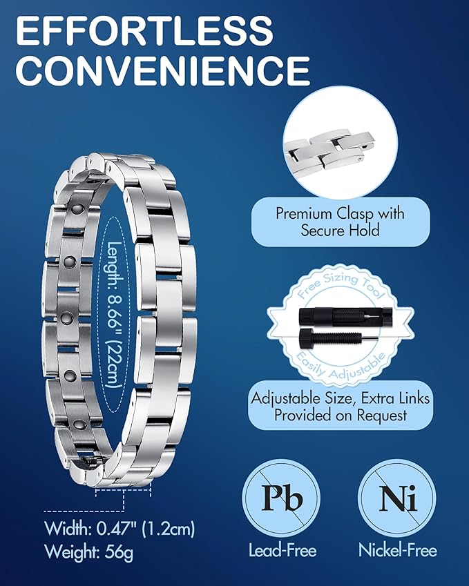 Feraco Magnetic Bracelets for Men Sleek Titanium Stainless Steel Magnetic Therapy Bracelet with Sizing Tool, Jewelry Gifts for Men (Silver)