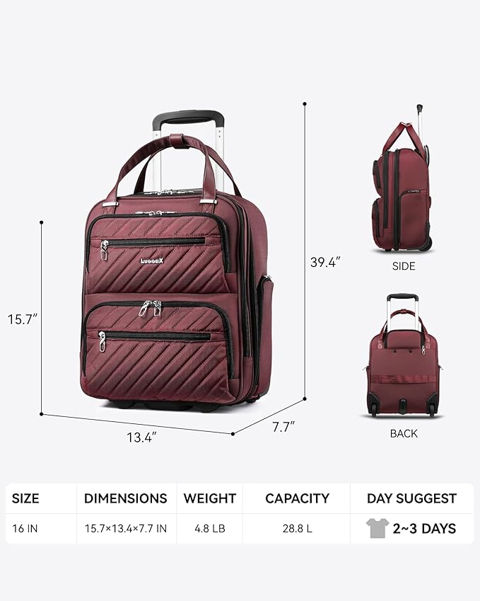 LUGGEX Underseat Carry On Luggage with Wheels, Stylish Lightweight Under Seat Luggage, Soft Sided Personal Item Suitcase for Short Trip (Dark Scarlet, 16 Inch)