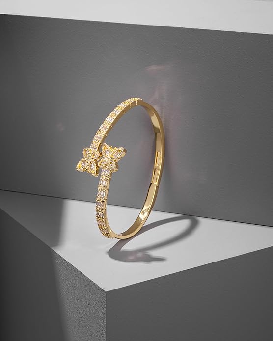 Lulu Mel Iced Out Baguette Diamond Bracelet Jewelry for Women, Hip Hop Mens 14k Gold Silver Plated Cubic Zirconia Bangle Bracelet, Men Heart Cuff Bracelet With Jewelry Box