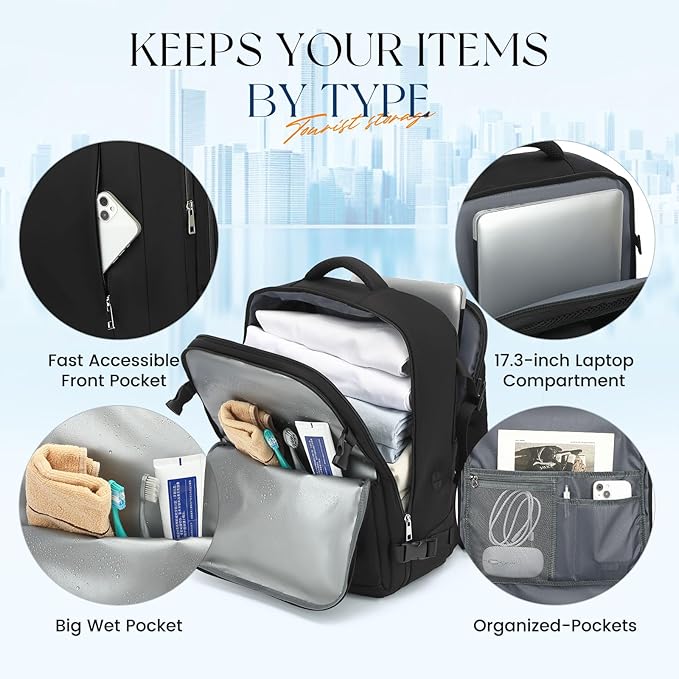 Large Travel Laptop Backpack, Carry on Backpack, 17.3 Inch Durable Business Work Sport Bag with USB Port, Water Resistant Rucksack Book Bag Gifts for Men Women, Black 22