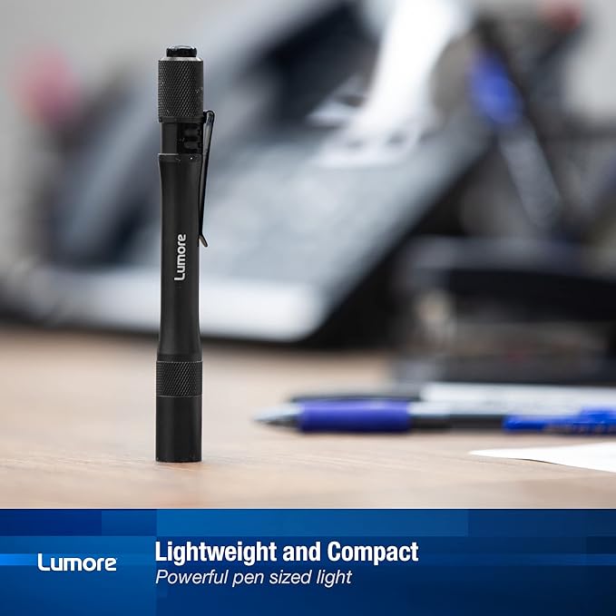 LUMORE Pen Light 4 Pack | 100 Lumens Each, 2 Hour Run Time, Battery Powered Handheld Flashlight, Durable & Waterproof, Perfect for EDC, Camping & Fishing, Includes 2x AA Batteries
