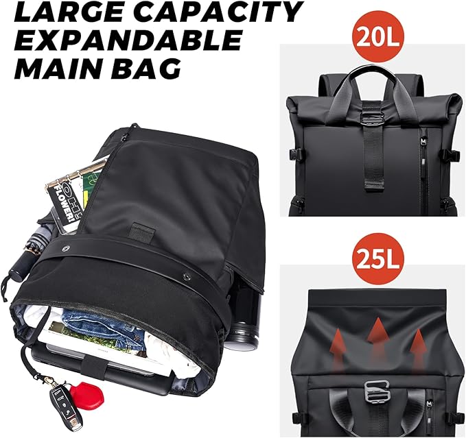 Roll Top Travel Backpack for Men and Women 15.6 Inch 20-25L Expandable Water-Resistant Commuter Casual Daypack Laptop Backpack for Work Business College