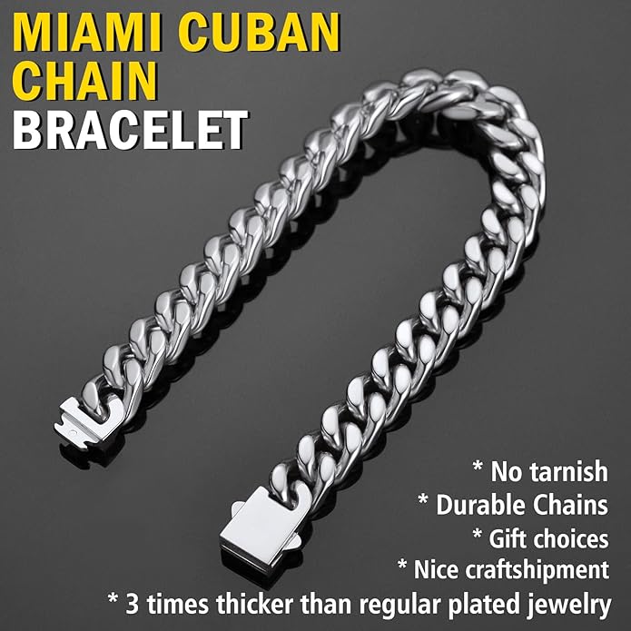 Stainless Steel Bracelets for Men,Cuban Link Mens Bracelet Silver/Black/Gold Plated Classic Chain Wrist Bracelets Jewelry Gifts for Dad Husband 5/7/9/12MM Width,7.5"/8.3"/9" Length with Gift Box