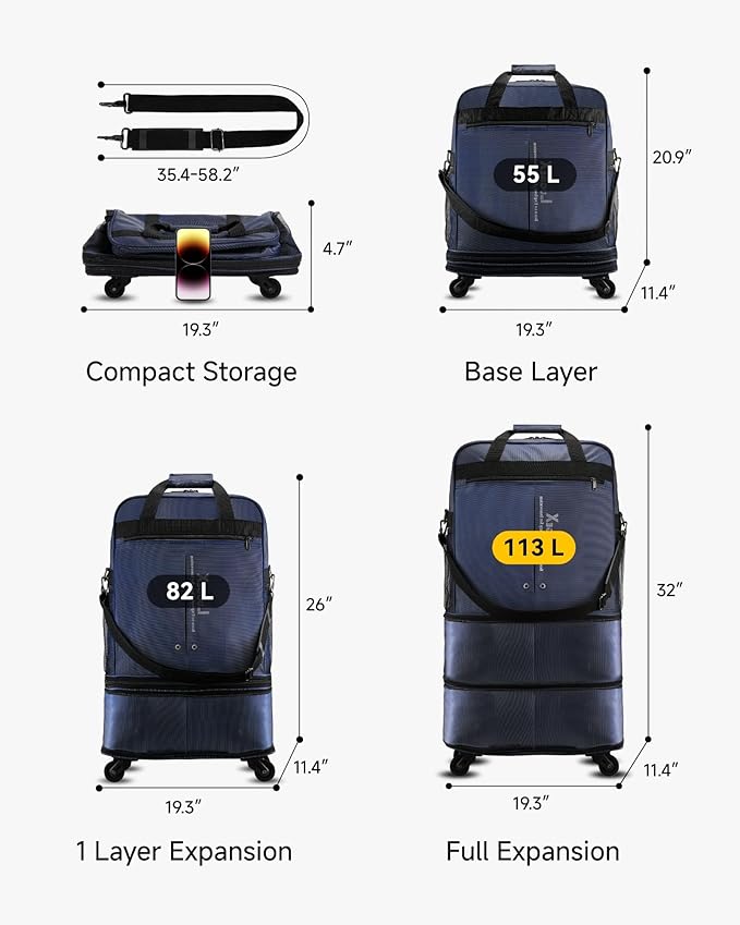 LUGGEX Suitcases with Wheels, Expandable Collapsible Luggage Rolling Travel Duffle Bag without Telescopic Handle, Foldable Large Weekender Bag for Men Women, Blue