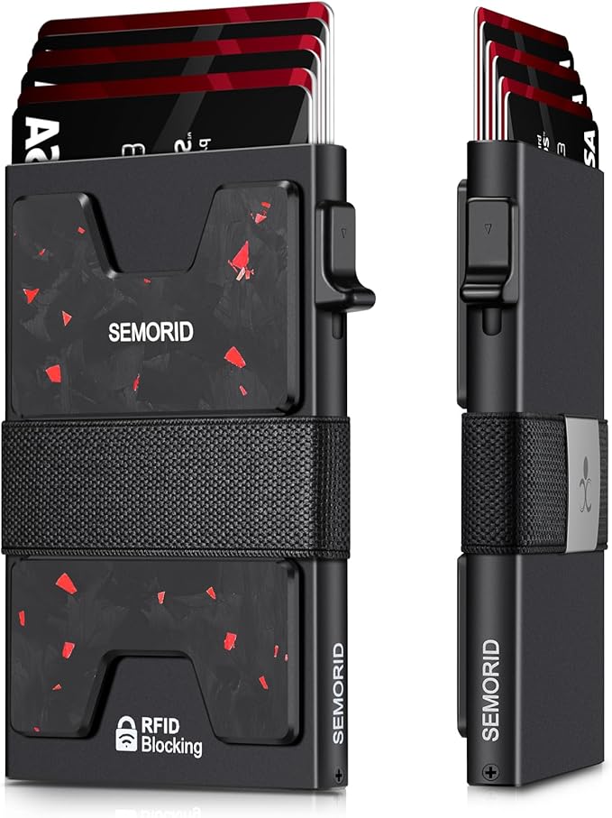 Slim Wallet for Men, Minimalist RFID Blocking Mens Card Wallet - Pop Up Credit Card Holder, Thin Metal Case with Cash Band, Hold 12+ Cards