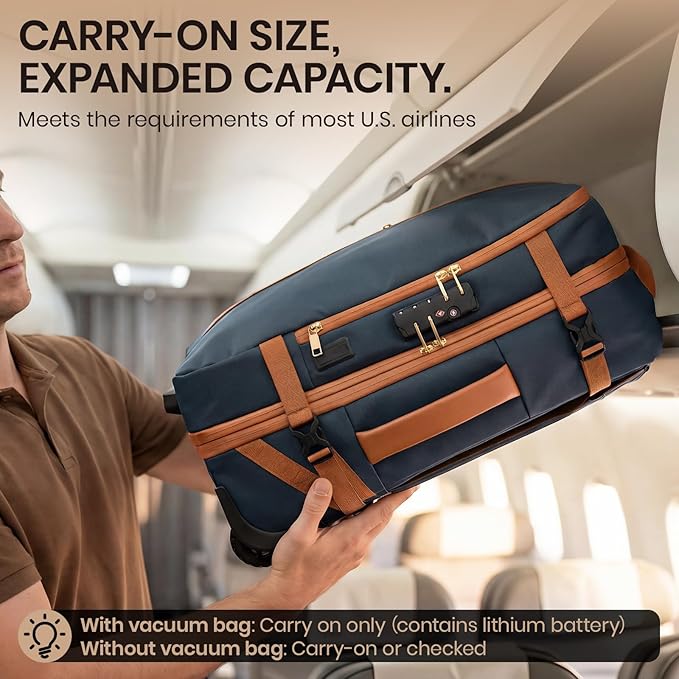 Fanwoli Rolling Vacuum Backpack Travel with One-Button Compression, Expandable Carry-On Suitcase Luggage, Approved TSA Lock & Water-Proof Laptop Compartment for Outdoor/Family/Business Trips