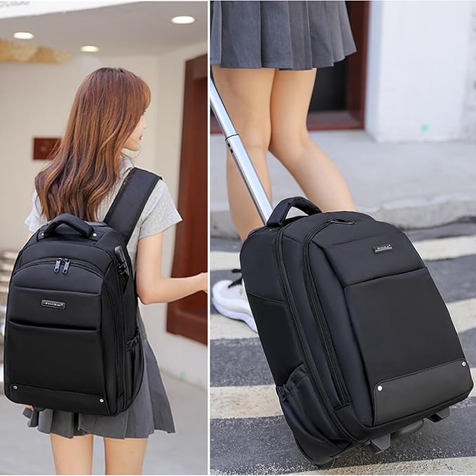 Rolling Backpack for Men Adults, Business Carry on Luggage 15 inch Laptop Wheeled Backpack, Travel Suitcase Women Trolley Bag with Wheels,Black