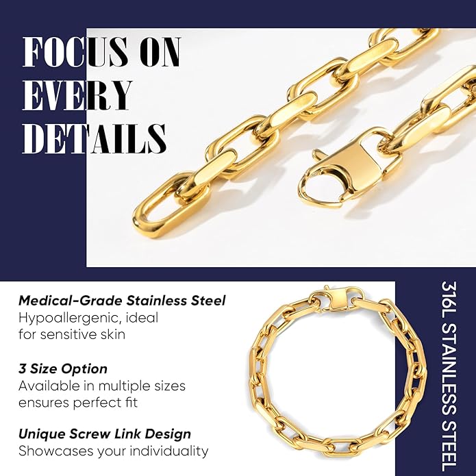 VNOX Link Chain Bracelets for Men - Cool Mens Bracelets Diamond-Cut Paperclip Solid Chain Bracelet Chunky Stainless Steel Jewelry Trendy Gifts