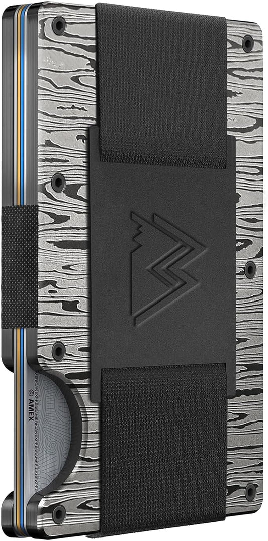 Mountain Voyage Co Minimalist Cash Strap - Slim RFID Blocking Wallet for Men & Women - Scratch Resistant, Credit Card Holder, Easily Removable Money & Cards, Aluminium Wallet (Damascus Aluminum)