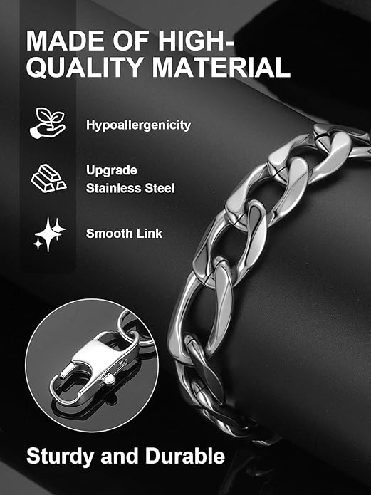 ChainsPro Men Sturdy Figaro/Cuban Chain Bracelet, 6/9/13mm Width, 7.48/8.26inch Length, 316L Stainless Steel/18K Gold Tone/Black- Send Gift Box