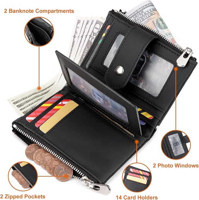 LAREET Mens Wallet with Chain, Genuine Leather Wallet RFID Blocking Bifold Purse Zipper Coin Pocket with Anti-Theft Chain