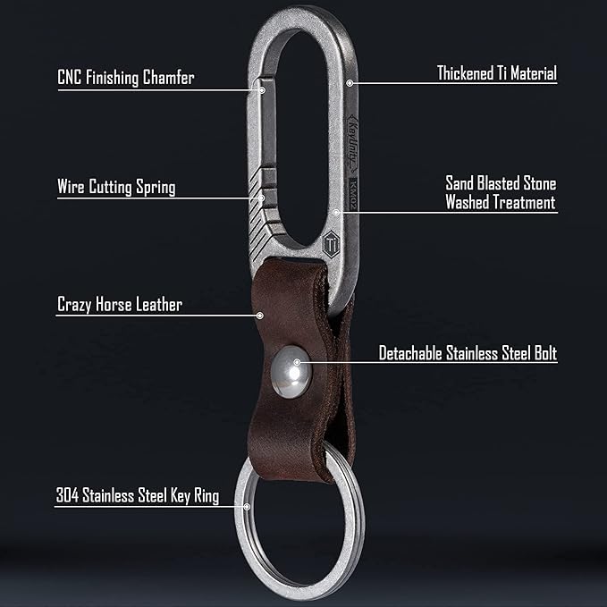 KeyUnity KM02 Titanium Belt Clip Carabiner Leather Keychain Holder with Removable Stainless Steel Key Ring