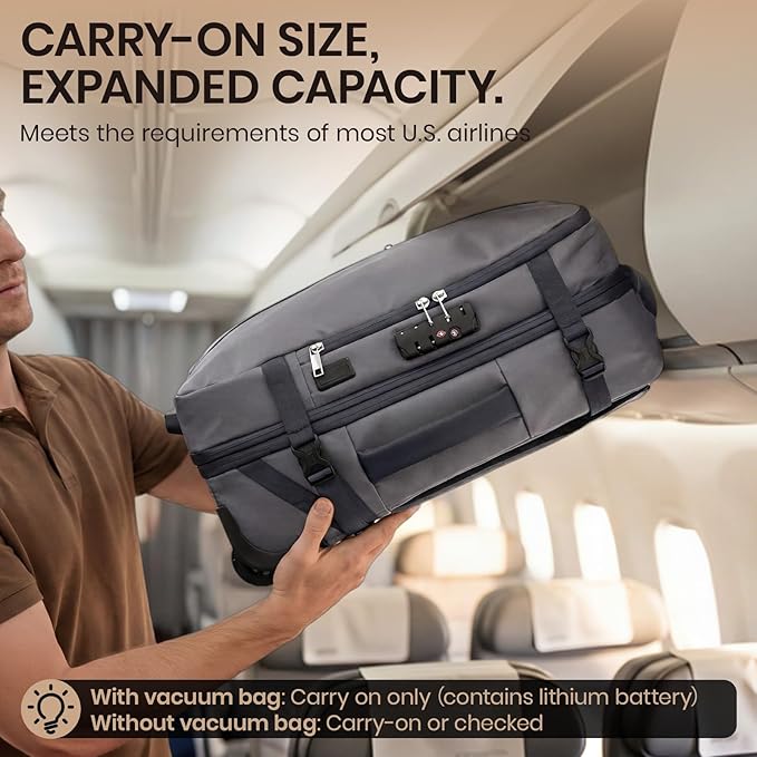 Fanwoli Rolling Vacuum Backpack Travel with One-Button Compression, Expandable Carry-On Suitcase Luggage, Approved TSA Lock & Water-Proof Laptop Compartment for Outdoor/Family/Business Trips