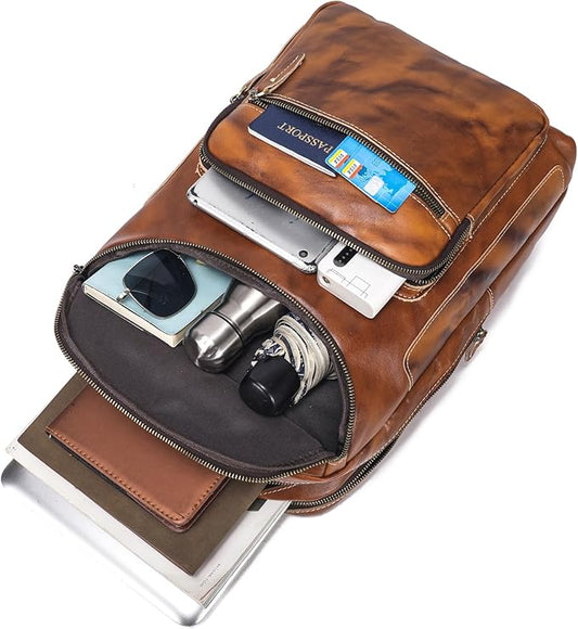 LANNSYNE Vegetable Tanned Leather Backpack For Men, 15.6" Leather Laptop Backpack Hiking Travel Bag Camping Rucksack