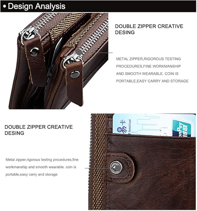 shuainiu Men's Folding Double Zip Wallet RFID Blocks Retro Short Coin Purse