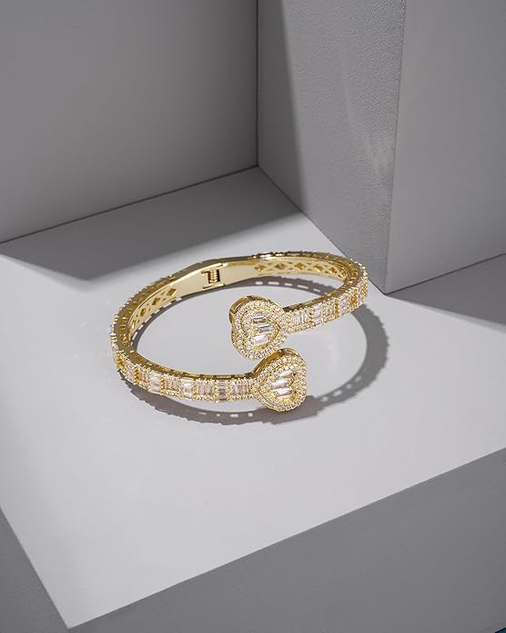 Lulu Mel Iced Out Baguette Diamond Bracelet Jewelry for Women, Hip Hop Mens 14k Gold Silver Plated Cubic Zirconia Bangle Bracelet, Men Heart Cuff Bracelet With Jewelry Box