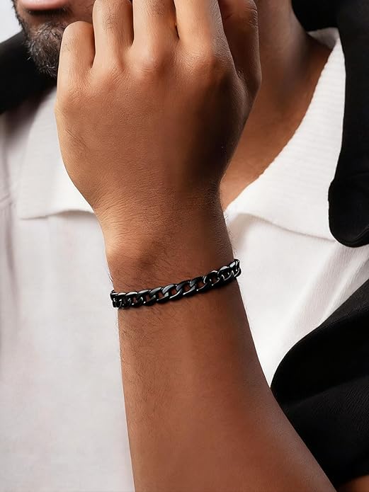 ChainsPro Men Sturdy Figaro/Cuban Chain Bracelet, 6/9/13mm Width, 7.48/8.26inch Length, 316L Stainless Steel/18K Gold Tone/Black- Send Gift Box