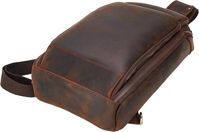 Polare Modern Style Sling Shoulder Bag Men’s Travel/Hiking Daypack with Full Grain Italian Leather and YKK Zippers