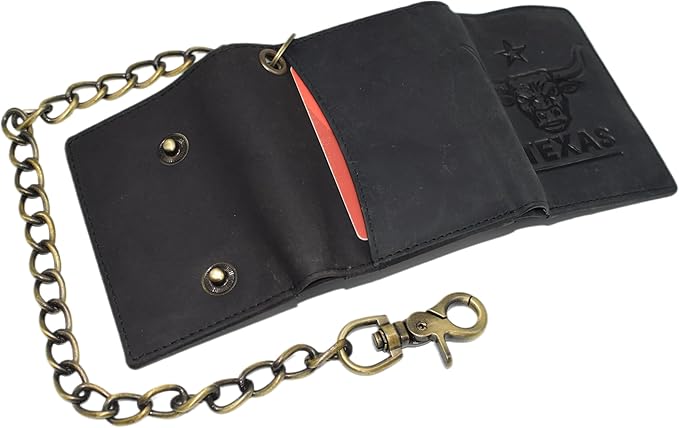 Men's RFID Blocking Trifold Vintage Leather Biker Chain Wallet With Snap Closure