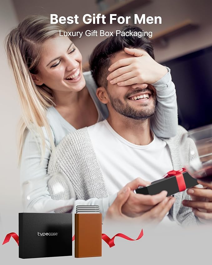 typecase Mens Wallet Card Holder: Pop Up Aluminum Case, Premium Genuine Leather, Smart, RFID Blocking, Slim, Minimalist, Front Pocket - 9-14 Card Capacity | ID Window | Cash Slot - Jet Brown