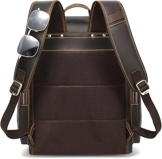 Mens Full Grain Genuine Leather Backpack, Vintage Rucksack Bag Fit 15.6" Laptop, Business Hiking Travel Overnight Shoulder Daypacks - Brown