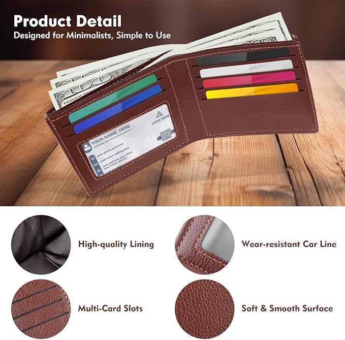 luseyfj Mens Slim Bifold Wallet with ID Clear Window & 6 Credit Card Slots, Minimalist Handmade Bifold Wallets for Men, Thin Card Credit Holder Wallet for Men - Slim & Stylish (Cognac)