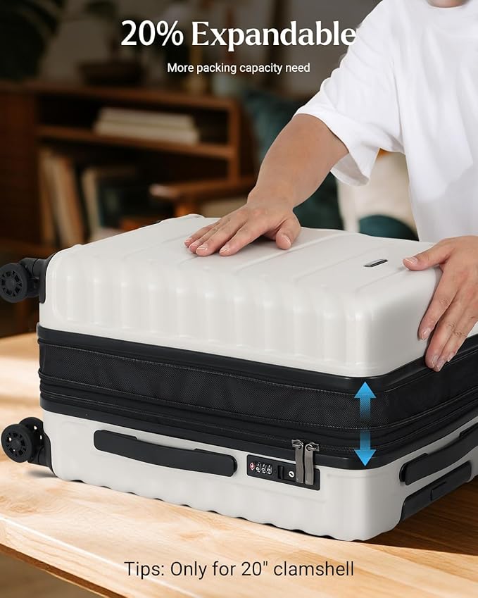 Luggage Sets 2 Pieces, 20/28 Inch PC Hardshell Suitcase with Spinner Wheels, 20 Inch Expandable Clamshell Carry On Luggage and 28 Inch Aluminum Frame Top Opening Checked Luggage (White)