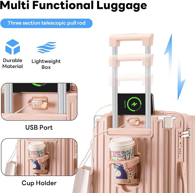 (14+20+24)Inch Carry on Luggage Carry-on with Cup Holder & USB Port, Luggage with Airline Approved TSA Lock, Softside Lightweight carry on luggage 22x14x9 airline approved 360° Double Spinner 8 Wheels