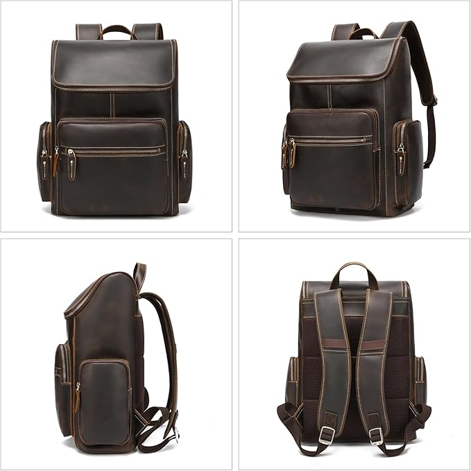 Mens Full Grain Genuine Leather Backpack, Vintage Rucksack Bag Fit 15.6" Laptop, Business Hiking Travel Overnight Shoulder Daypacks - Brown
