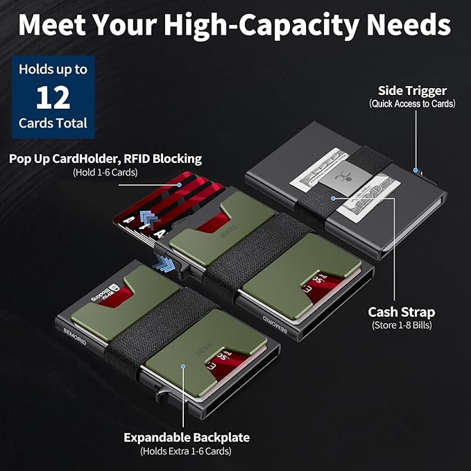 Slim Wallet for Men, RFID Blocking Mens Wallets, Minimalist Pop Up Men's Credit Card Holder, Sturdy Metal Card Case with Cash Strap - 12+ Cards Capacity