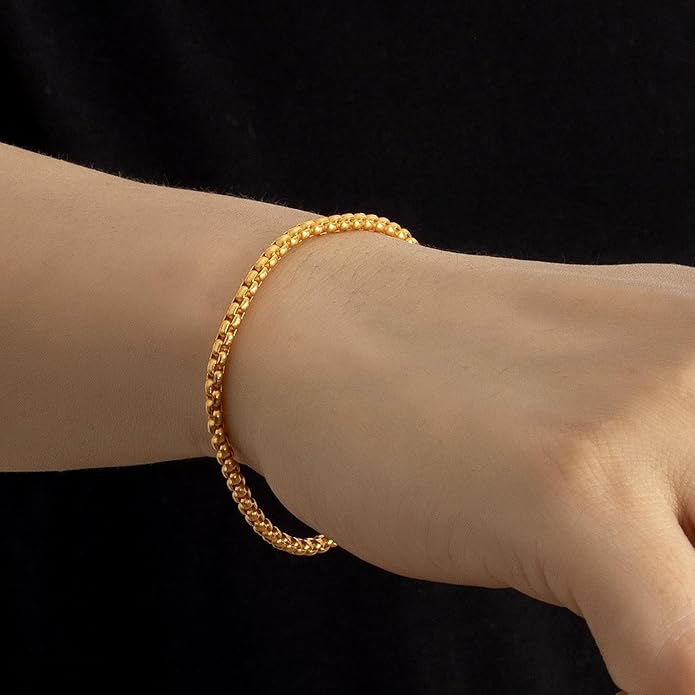 H&Beautimer Solid 925 Sterling Silver - Classic Men's 3MM Box Chain Bracelet - Original Silver Party Jewelry Bracelet 6.3-6.7-7-7.5-8-8.5-9'' - Handmade in Italy