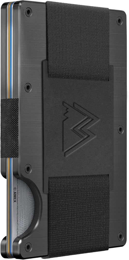 Mountain Voyage Minimalist Cash Strap Wallet - Slim RFID Blocking Wallet for Men & Women - Scratch Resistant, Credit Card Holder, Easily Removable Money & Cards, Aluminium Wallet (Black Titanium)