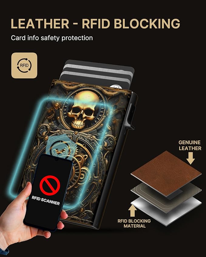 typecase Mens Wallet Card Holder: Pop Up Aluminum Case, Carbon Fiber Leather, Smart, RFID Blocking, Slim, Minimalist, Front Pocket - 9-14 Card Capacity | ID Window | Cash Slot (Skull)