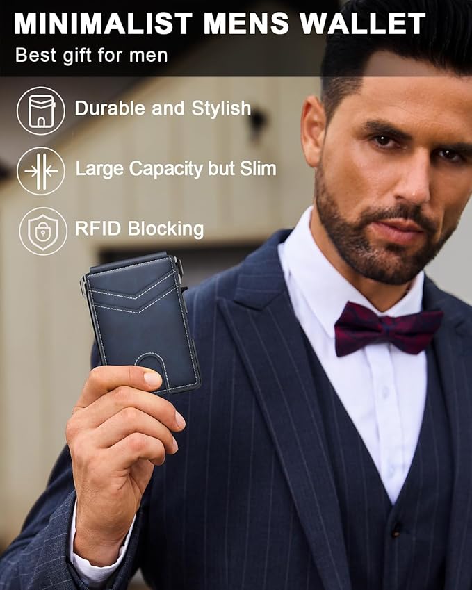 Wallet for Men, Mens Minimalist Wallet 9-13 Cards, Slim Compact Wallet with Money Clip & ID Window, RFID Blocking Smart Pop Up Card Wallet, Metal Aluminum Credit Card Holder Bifold Wallet