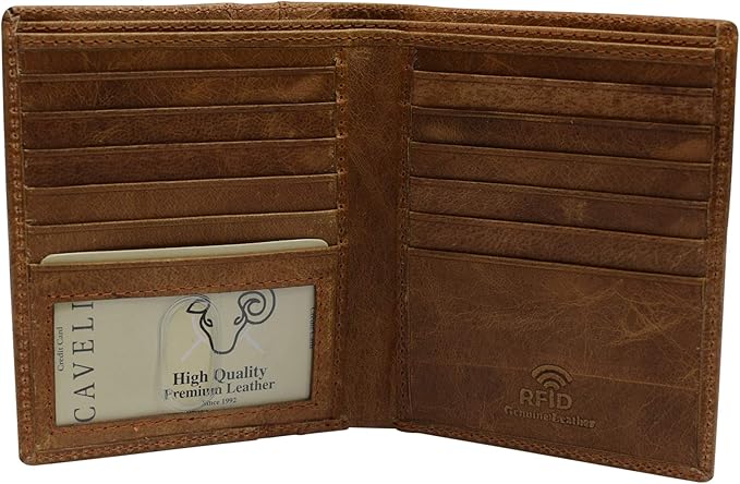 RFID Blocking Bifold Hipster Credit Card Wallet Premium Lambskin Leather (Cavelio Tan)