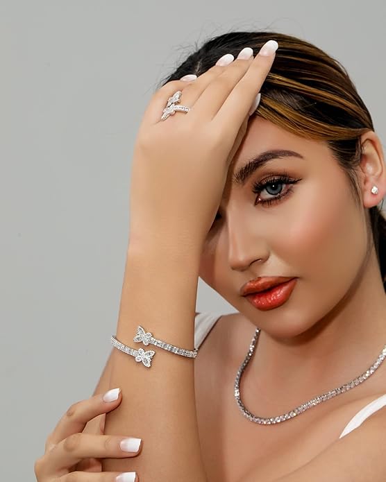 Lulu Mel Iced Out Baguette Diamond Bracelet Jewelry for Women, Hip Hop Mens 14k Gold Silver Plated Cubic Zirconia Bangle Bracelet, Men Heart Cuff Bracelet With Jewelry Box